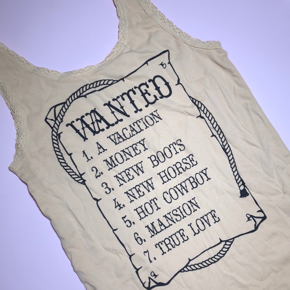 Wildfox Cream Tank Top with Black Wanted Graphic